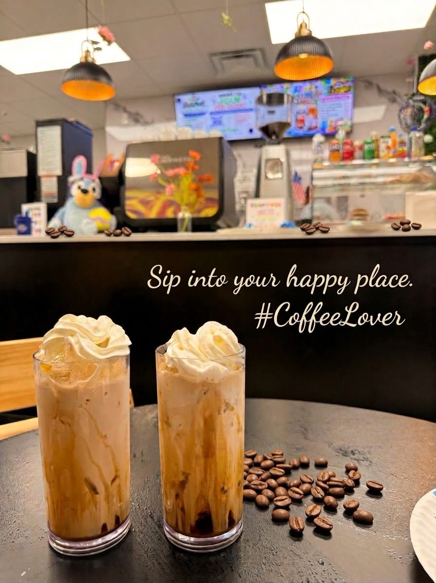 Two iced coffees with whipped cream at the JJ's Café counter