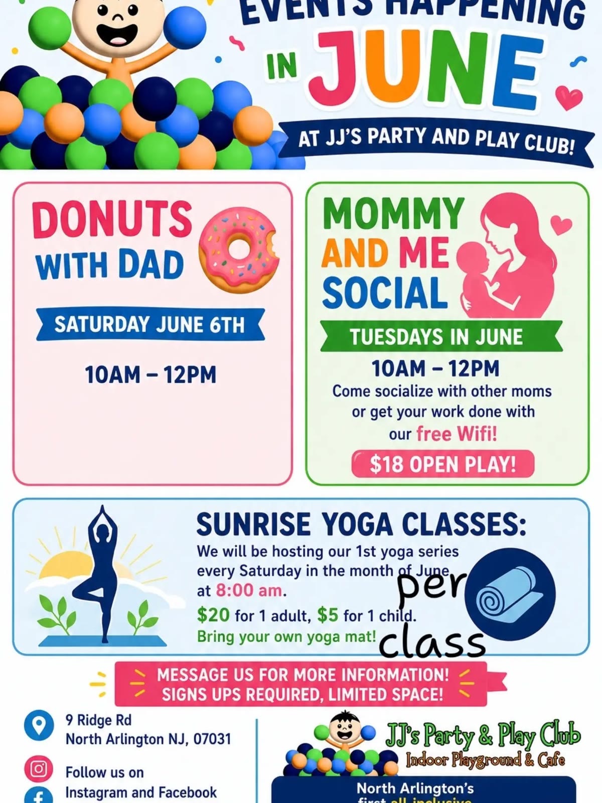 June 2026 events calendar at JJ's Party and Play Club Mommy and Me Social Sunrise Yoga Donuts with Dad